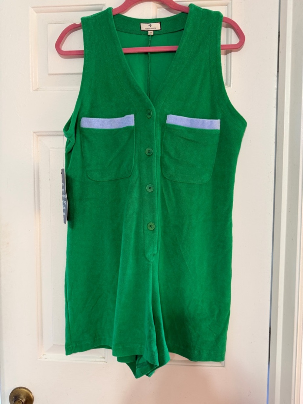 Tuckernuck Green Terry Cloth Romper with Light Blue trim. Size xs